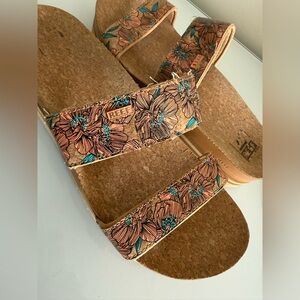 Reef Women's Floral Cork Slide Sandals in tan, orange, teal blue sz 10